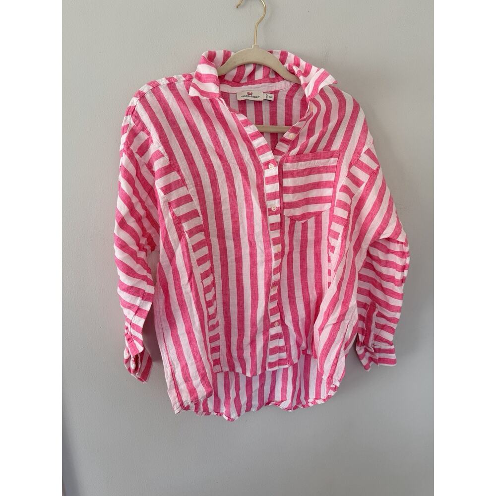 Vineyard Vines Women’s Linen Pink White Stripe Button Down Shirt Size 00